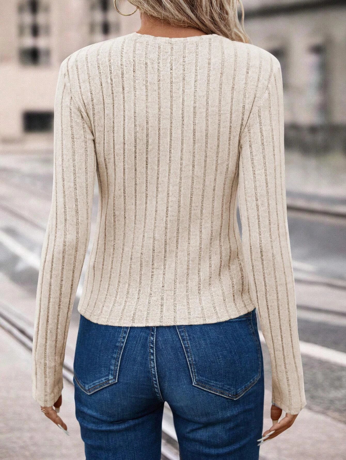 Simple Knitted Plain Long Sleeve Crew Neck Top