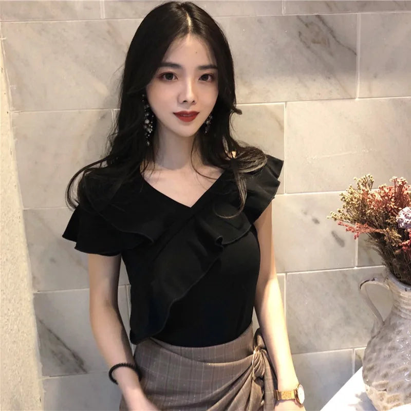 Off Shoulder Slim Fit Elegant Top Slash Neck Ruffle Top