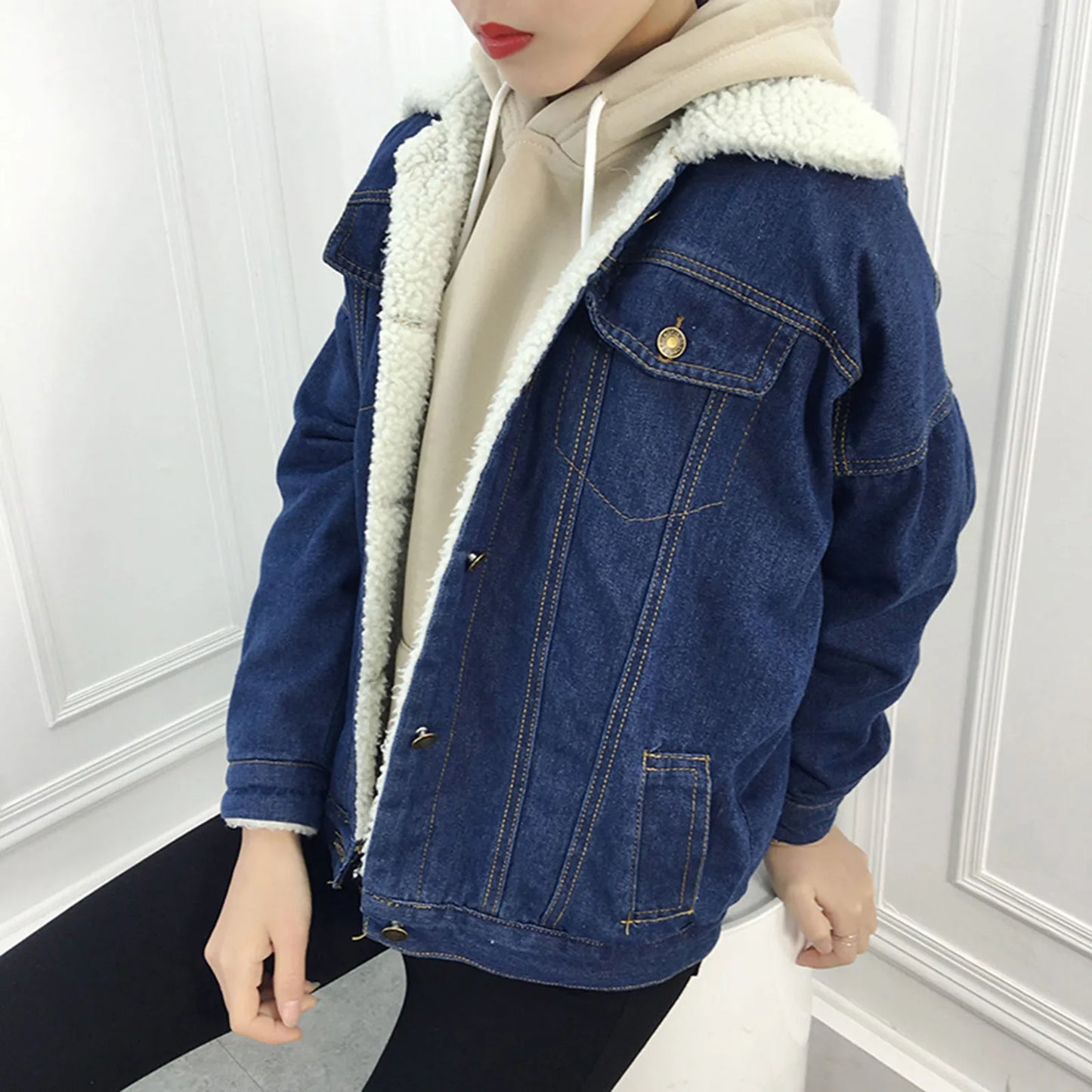 Lambswool Denim Jacket  Winter Thicken Fleece