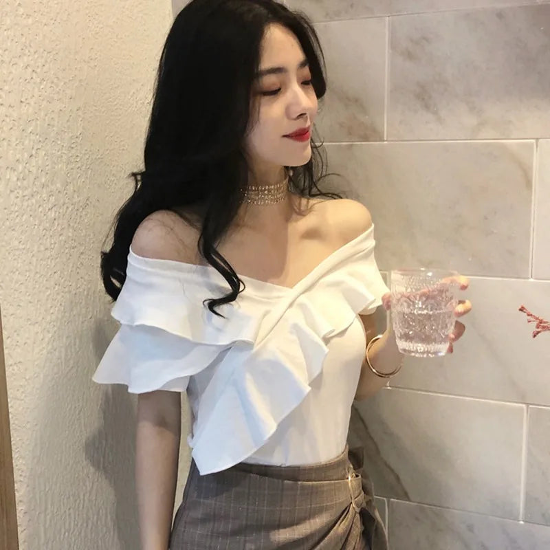 Off Shoulder Slim Fit Elegant Top Slash Neck Ruffle Top