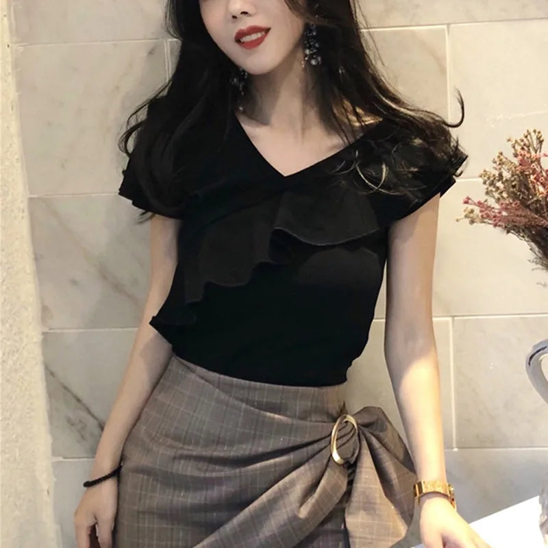 Off Shoulder Slim Fit Elegant Top Slash Neck Ruffle Top