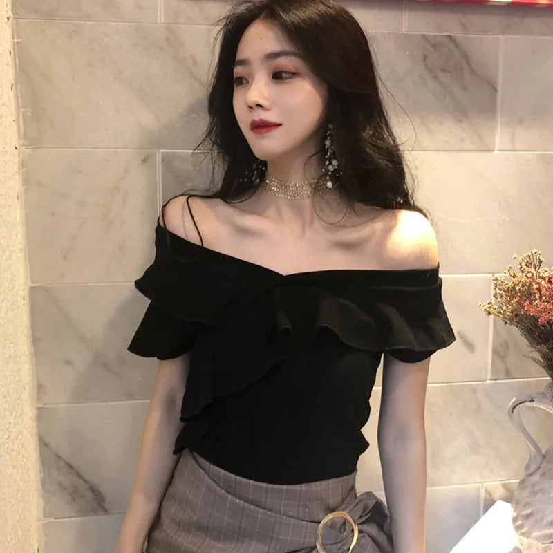 Off Shoulder Slim Fit Elegant Top Slash Neck Ruffle Top