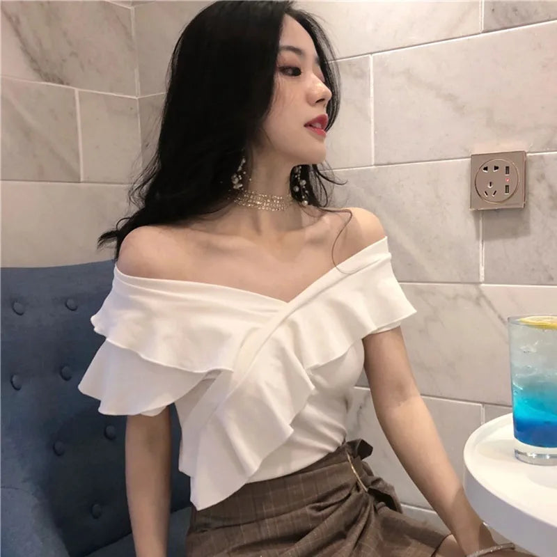 Off Shoulder Slim Fit Elegant Top Slash Neck Ruffle Top