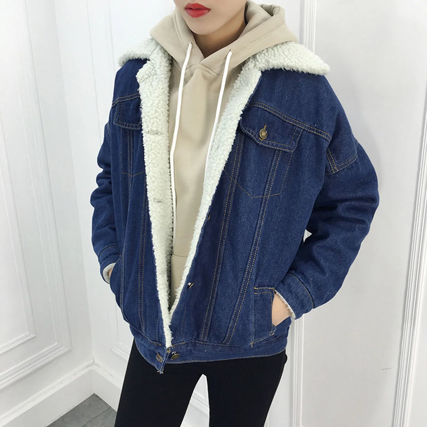 Lambswool Denim Jacket  Winter Thicken Fleece