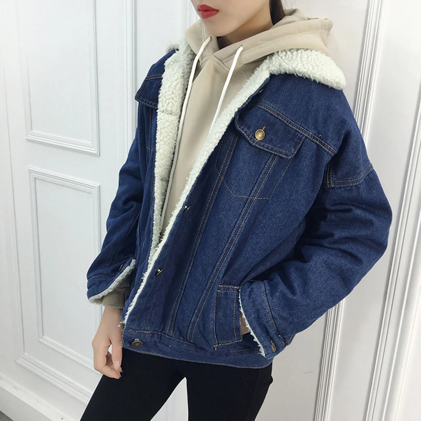 Lambswool Denim Jacket  Winter Thicken Fleece