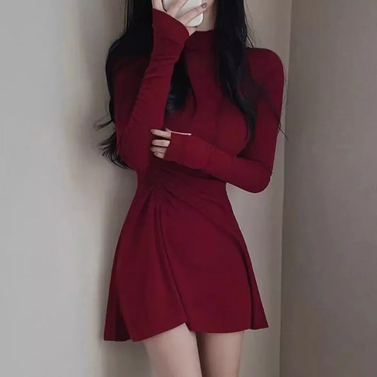 Women Dress Half-Height Neck Simple Solid Color Sweet Long Sleeve Dress