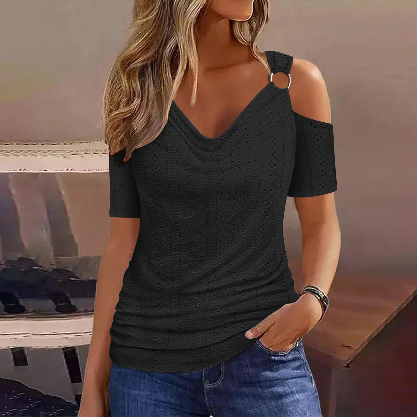 Short Sleeve T-Shirt Slight Strech Slim V-Neck Blouse