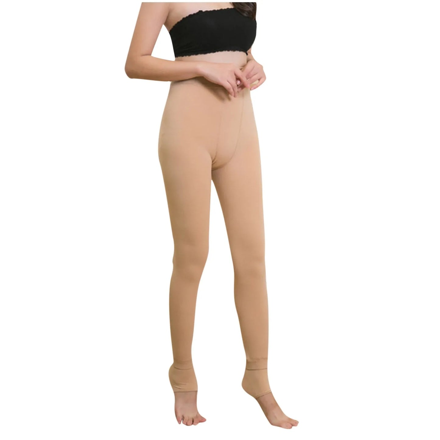 Beige/Black Elastic Fleece Lined Leggings High Waist Push Up