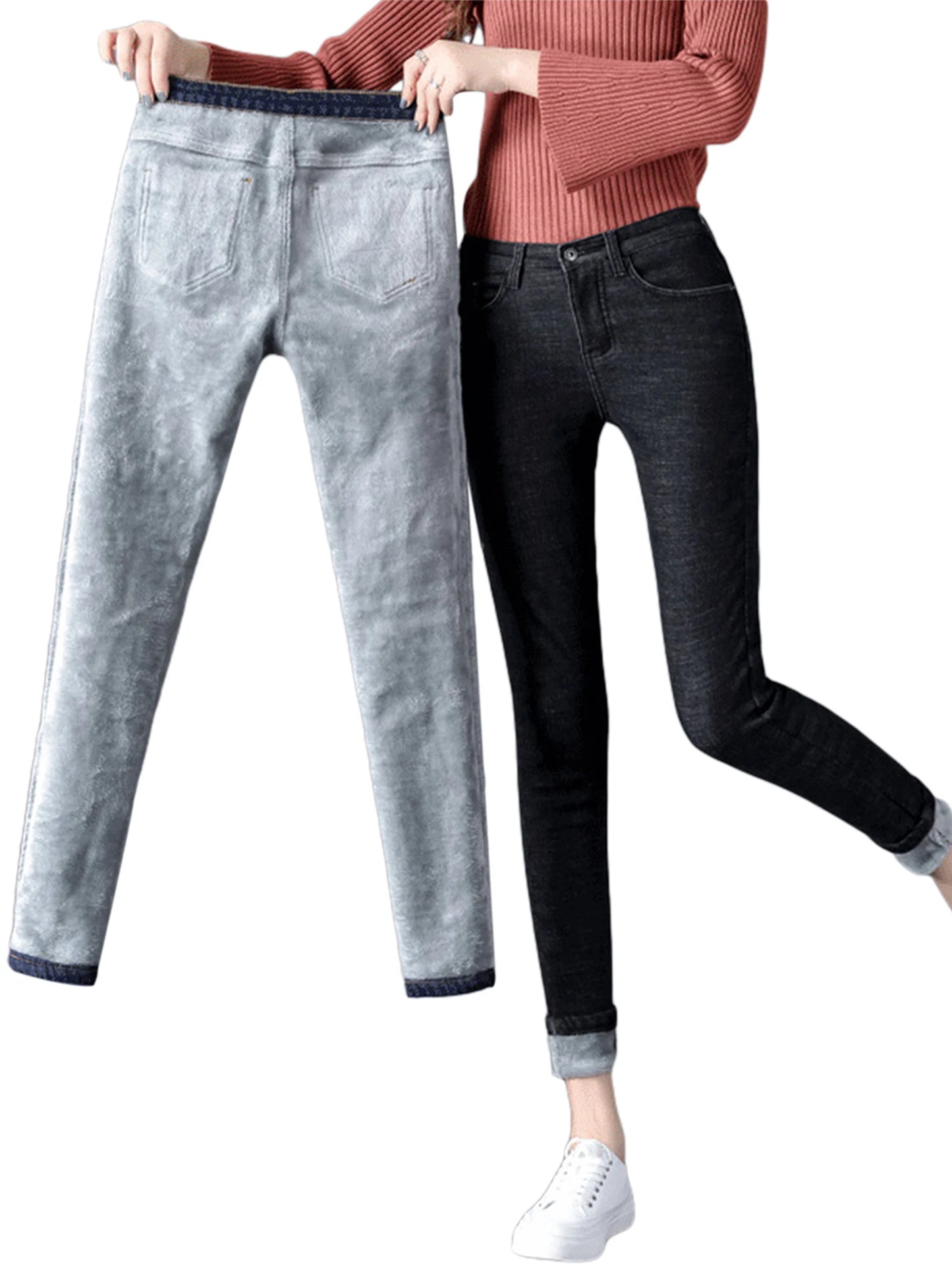 Warm Fleece-Lined High Waisted Jeans (Black Dark Blue Light Blue)