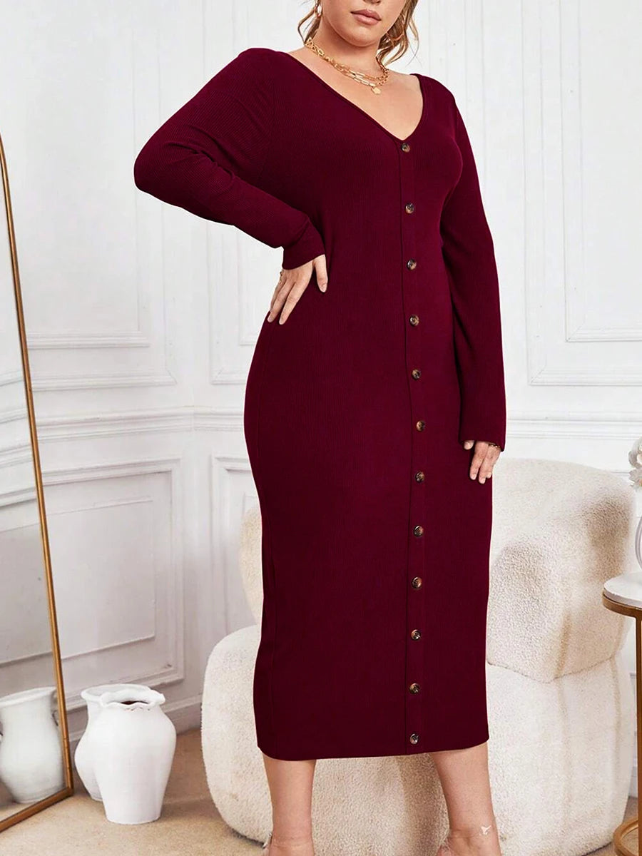 Elegant Women s Ribbed Knit Maxi Dress with Long Sleeves and V-Neckline