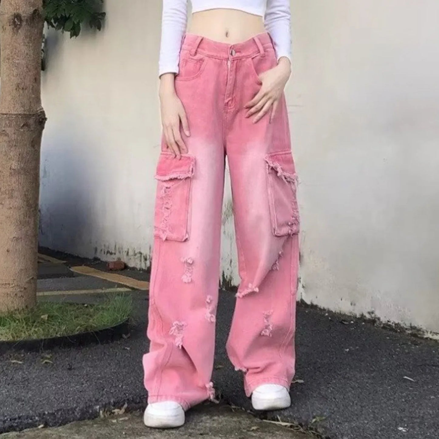 High Waist Pink Jeans Distressed Wide Leg Cargo Denim Pants