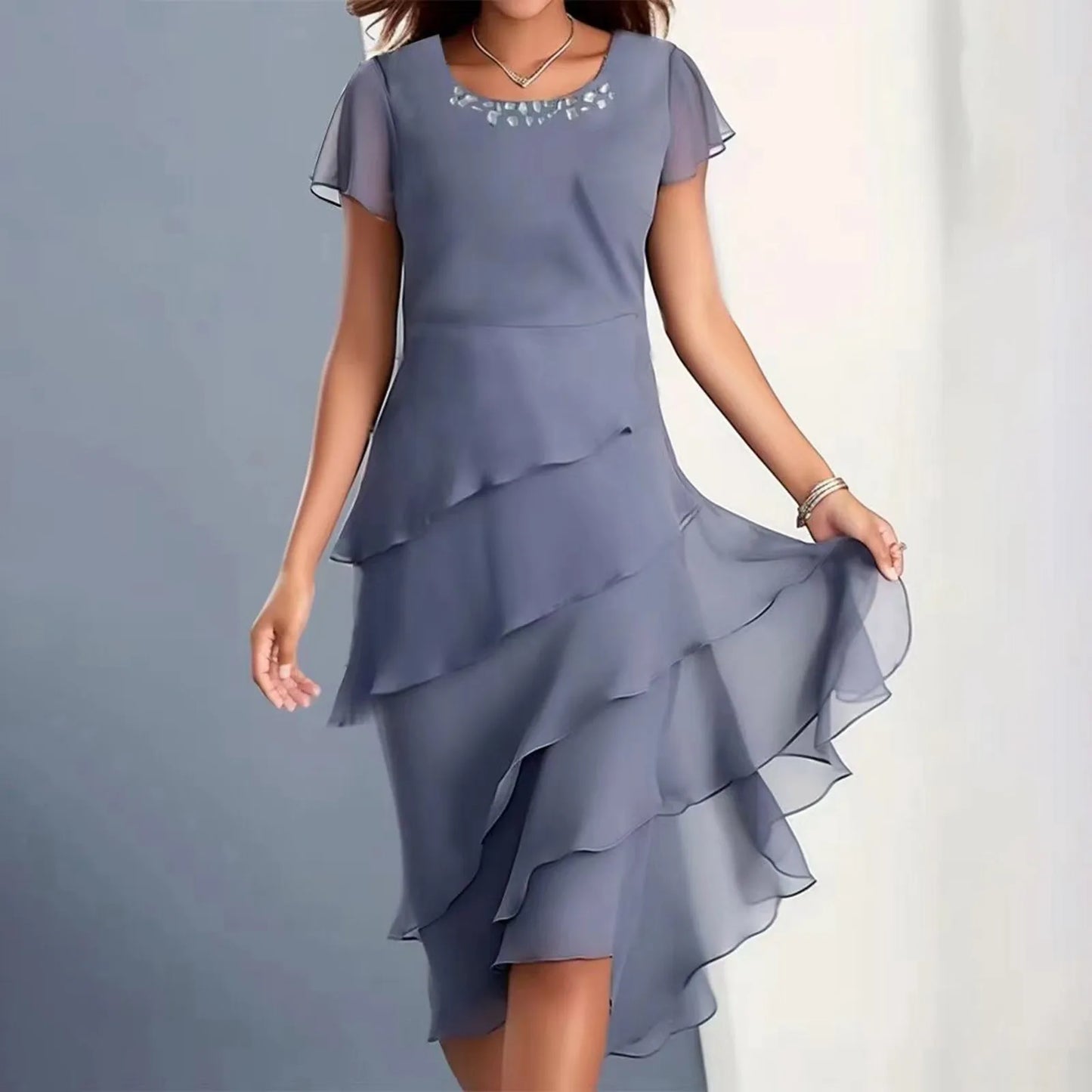 Dress Short Sleeve Round Neck Chiffon Paneled Casual Wave