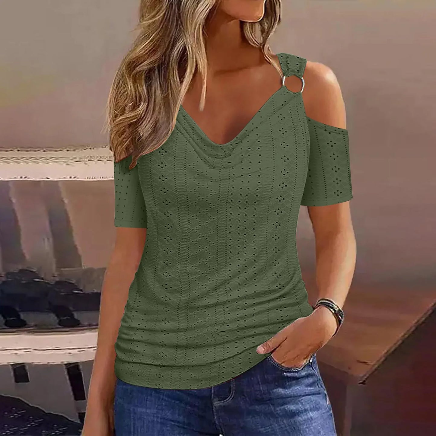 Short Sleeve T-Shirt Slight Strech Slim V-Neck Blouse