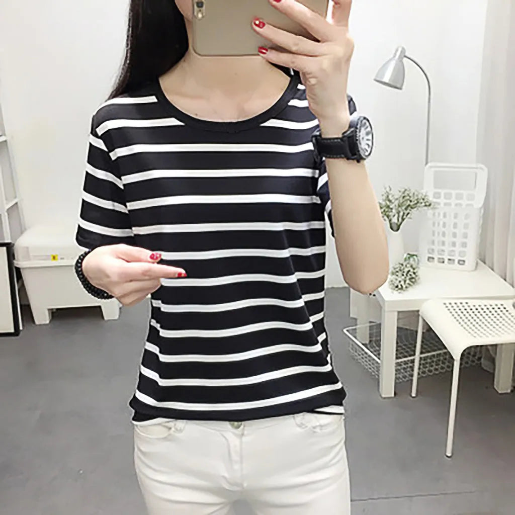 Striped T-shirt Long Sleeve Casual Round Neck