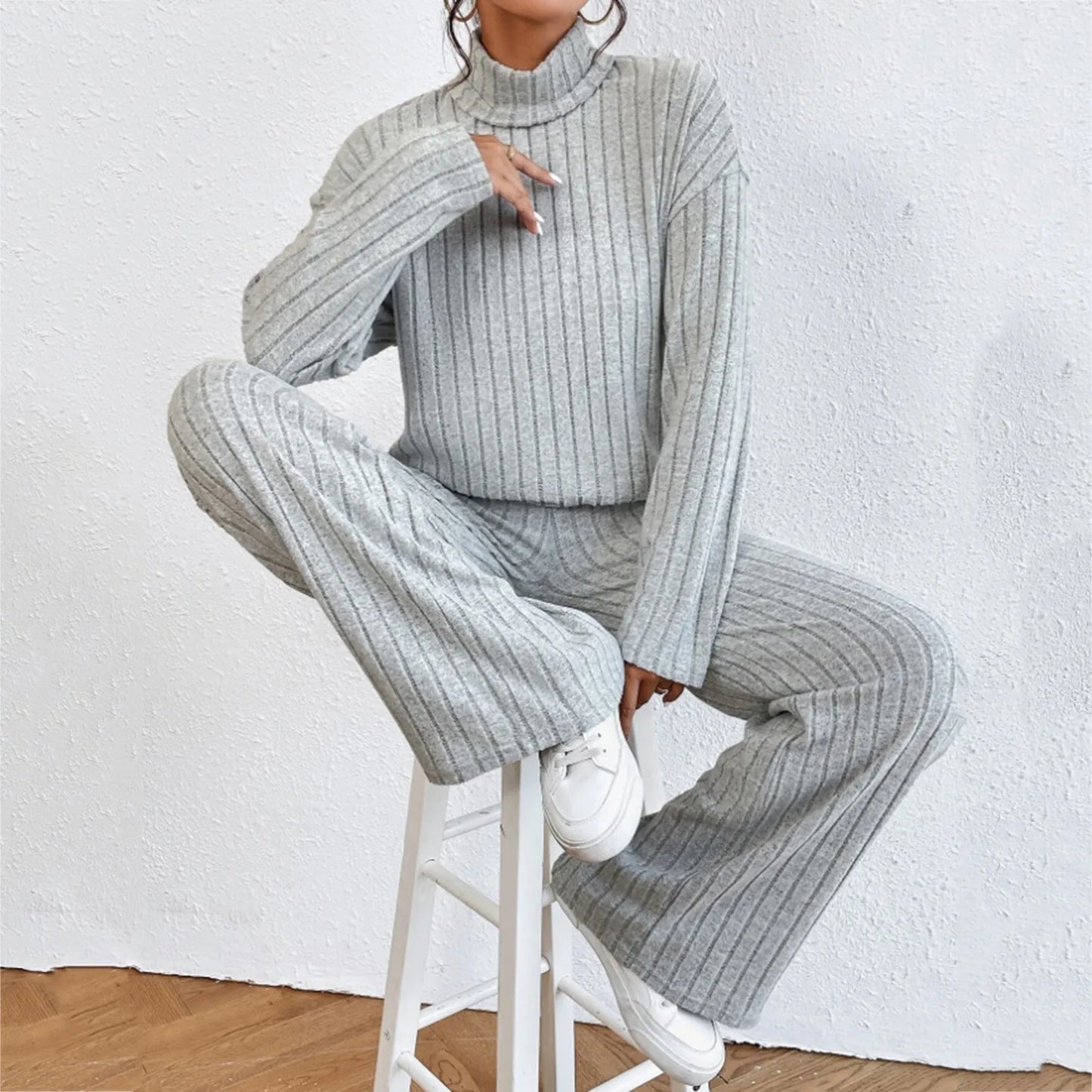 Turtleneck Sweater Tops With Pants 2 Piece Set