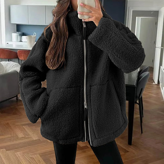 Black Oversize Casual Double Zip Stand Collar Sweatshirts