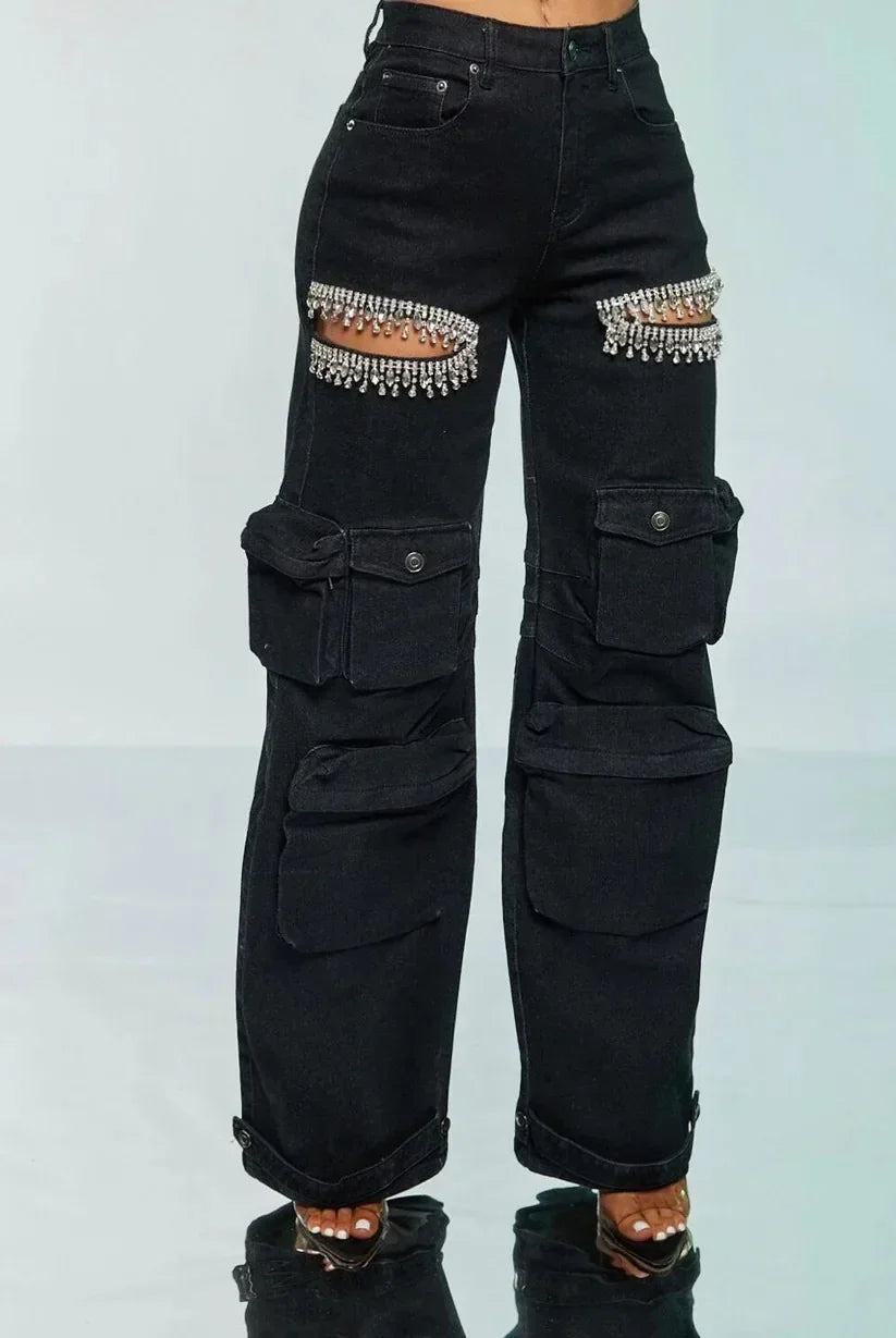 Cutout Crystal Straight Denim Pants 2025