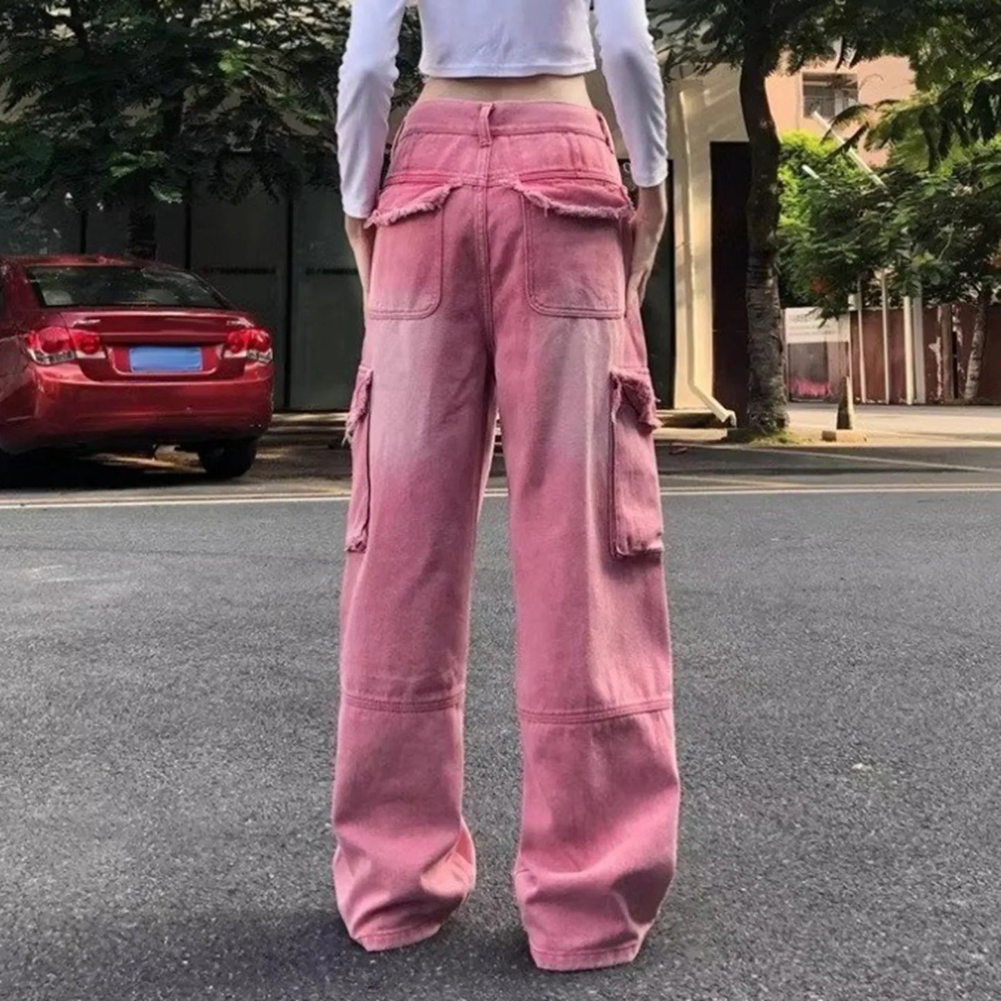 High Waist Pink Jeans Distressed Wide Leg Cargo Denim Pants