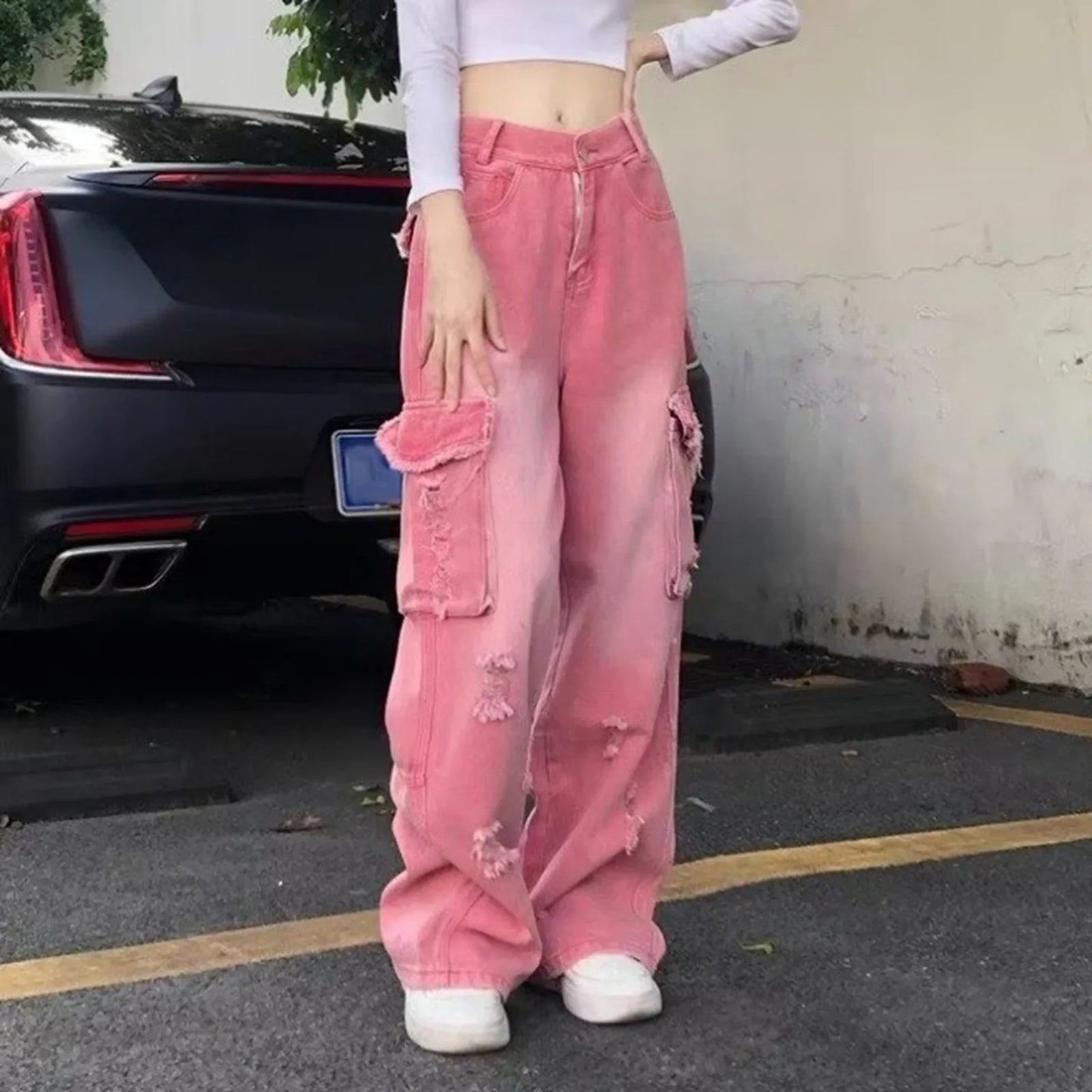 High Waist Pink Jeans Distressed Wide Leg Cargo Denim Pants