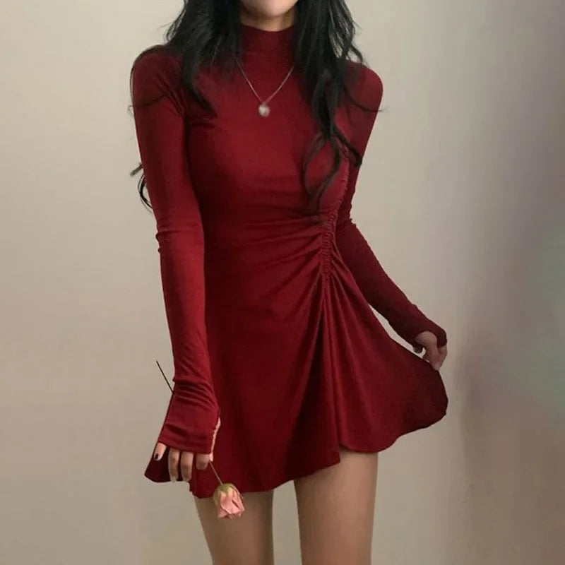 Women Dress Half-Height Neck Simple Solid Color Sweet Long Sleeve Dress