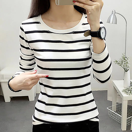 Striped T-shirt Long Sleeve Casual Round Neck