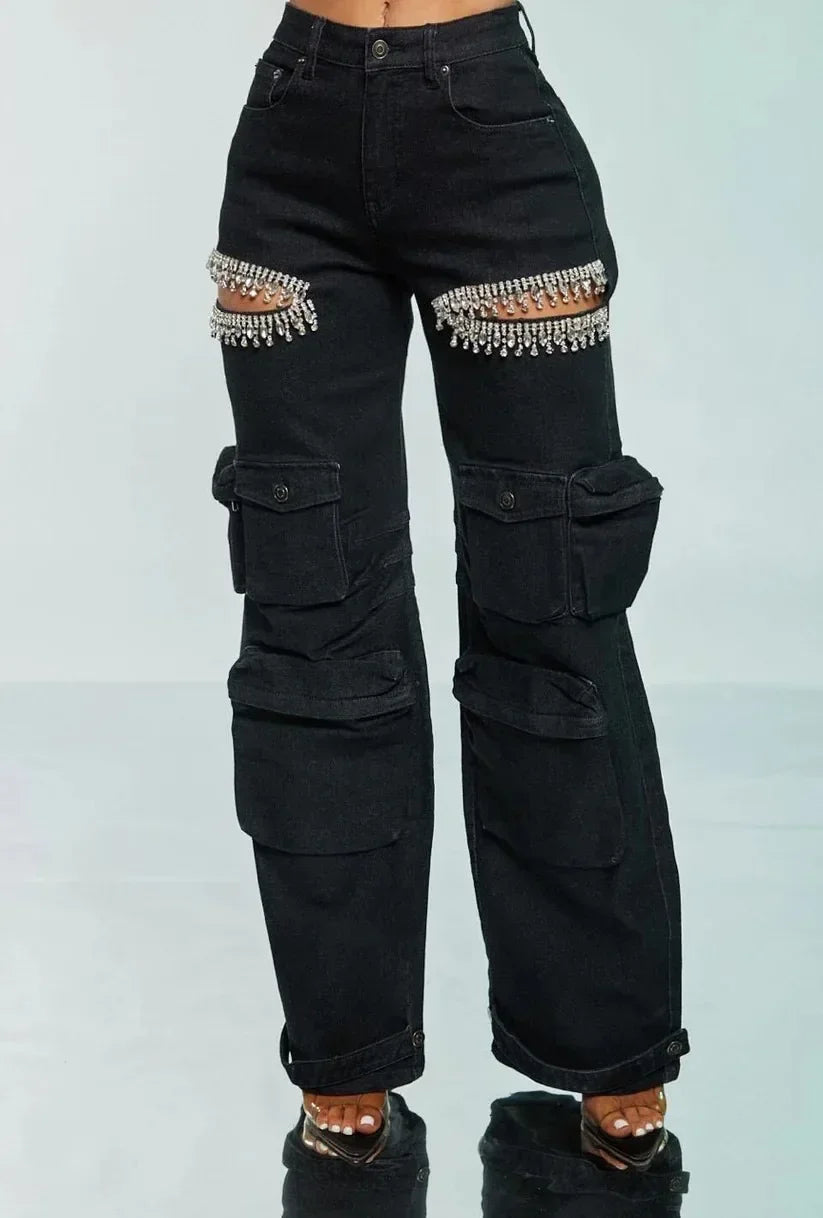 Cutout Crystal Straight Denim Pants 2025