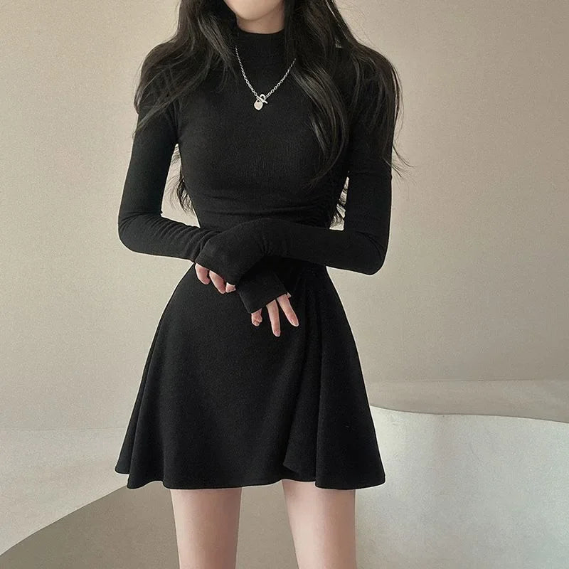 Women Dress Half-Height Neck Simple Solid Color Sweet Long Sleeve Dress