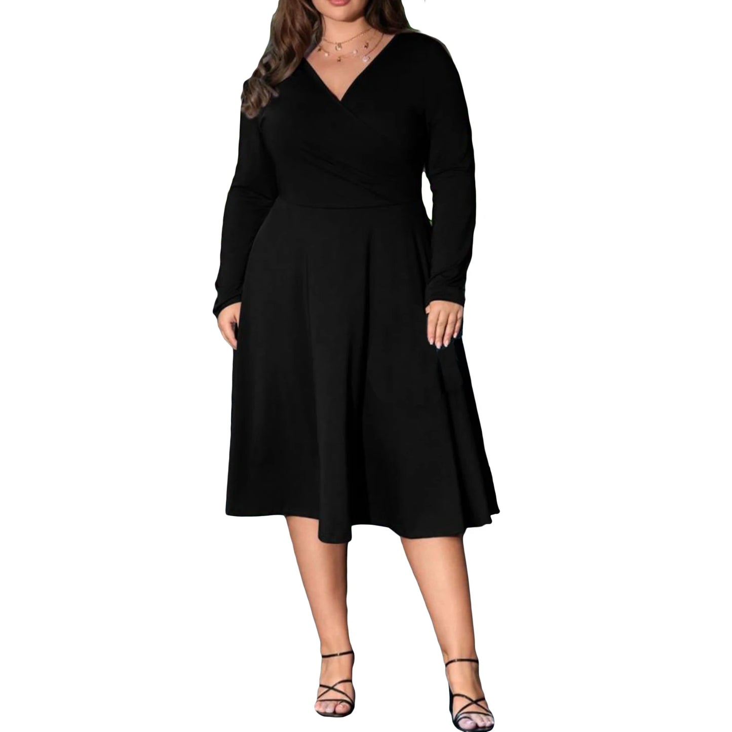 Elegant Women s V-Neck Long Sleeve Midi Dress