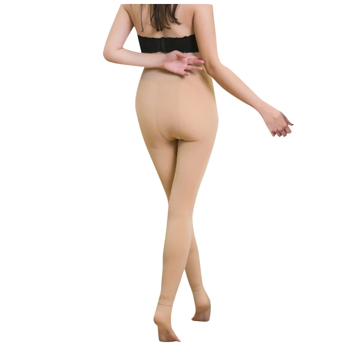 Beige/Black Elastic Fleece Lined Leggings High Waist Push Up