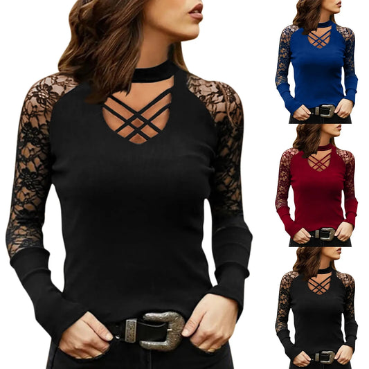 Floral Lace Long Sleeves Cross Bandage Crew Neck Slim Elegant Top