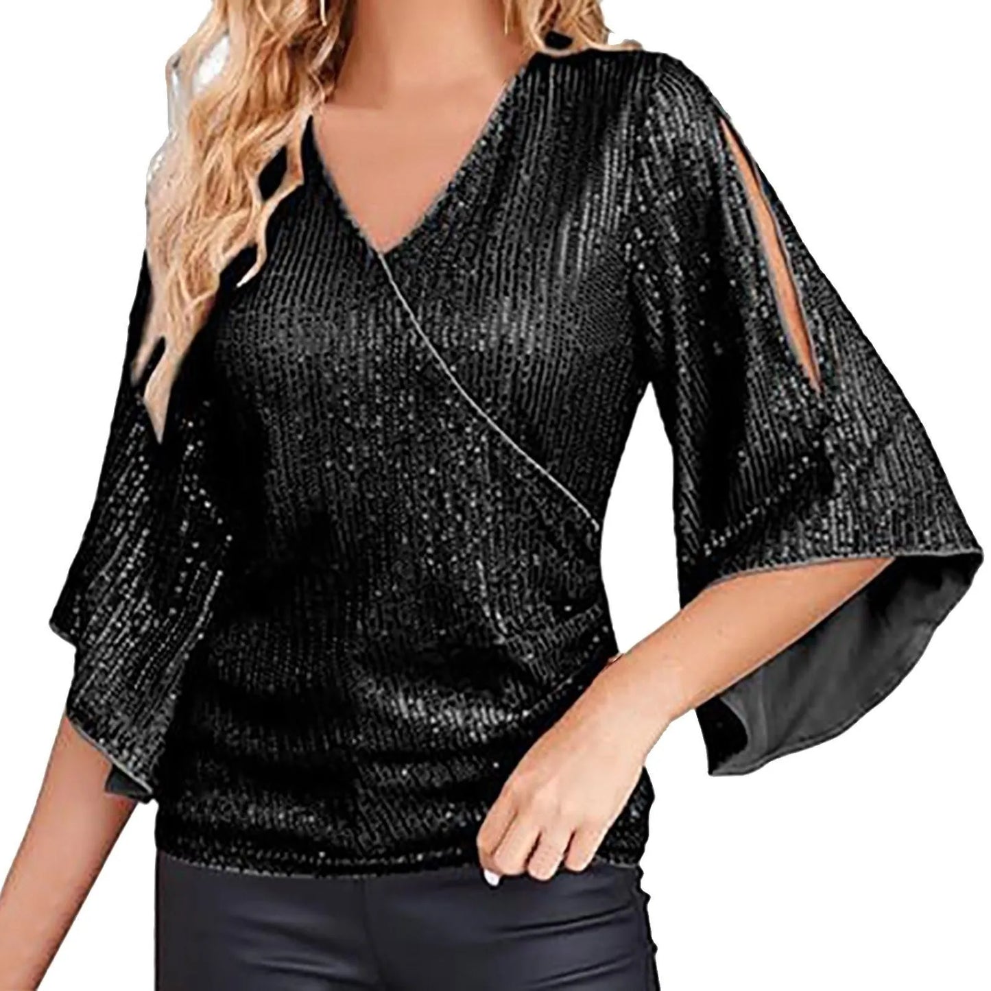 Sequin Tops 3/4 Sleeve Glitter Sparkly Party Blouse V Neck