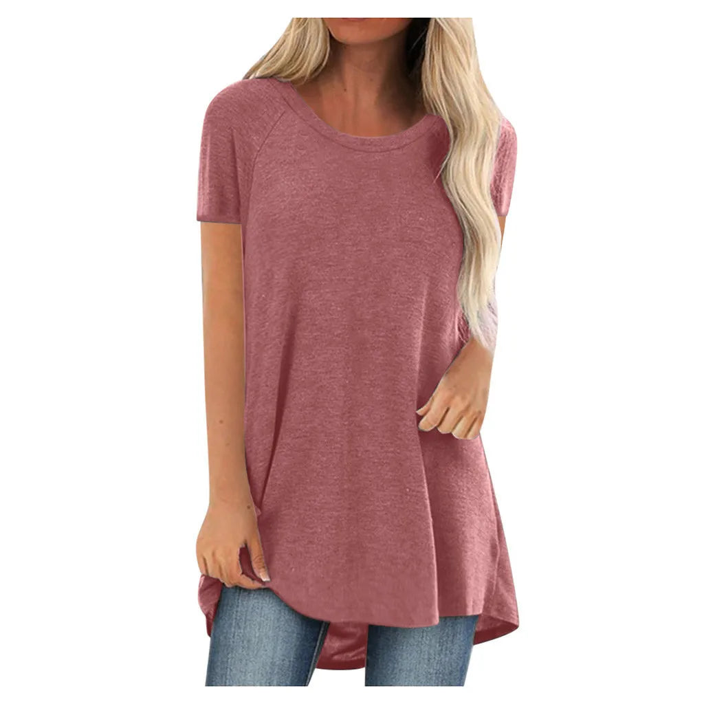 Plus Size 2025 Tunic Long Shirts Round Neck Short Sleeve Casual Blouse