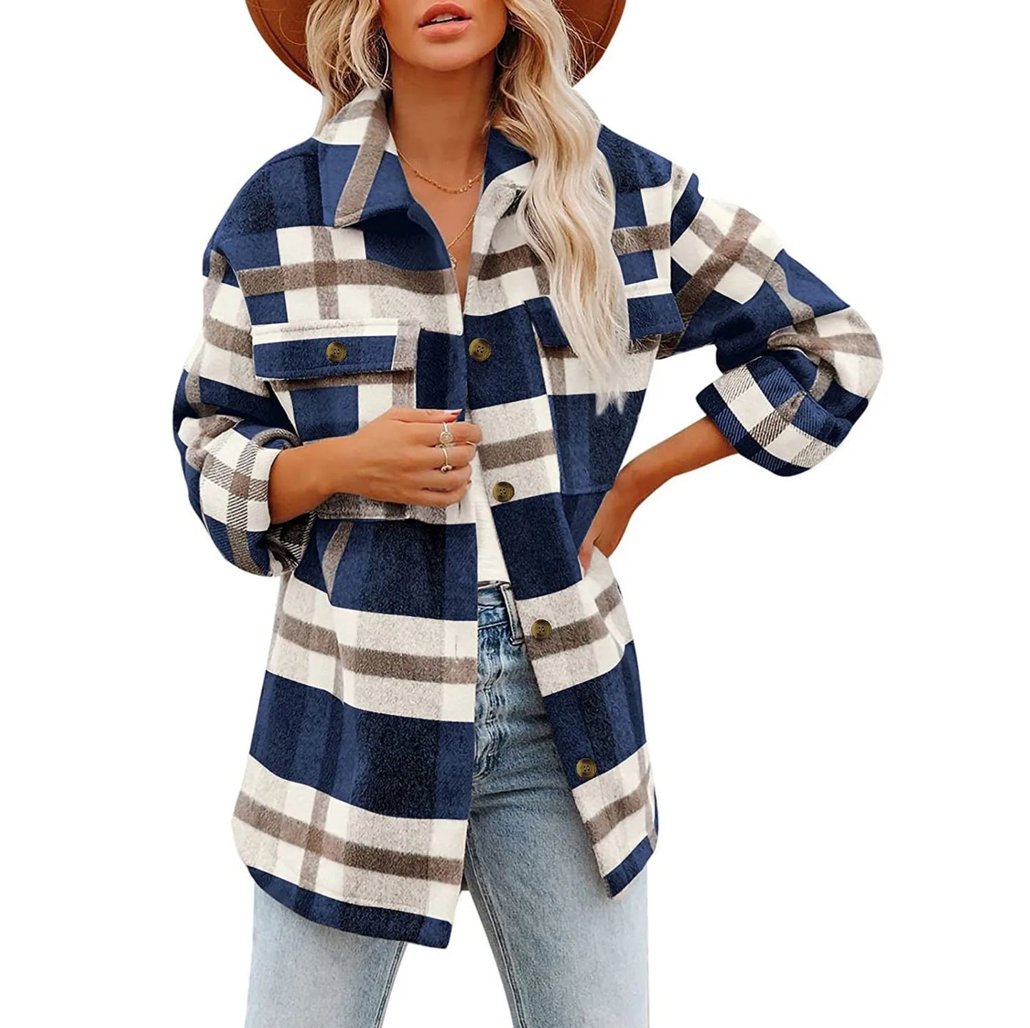 2025 Women Plaid  Jacket  Double Pocket Design Loose Fall Clothes