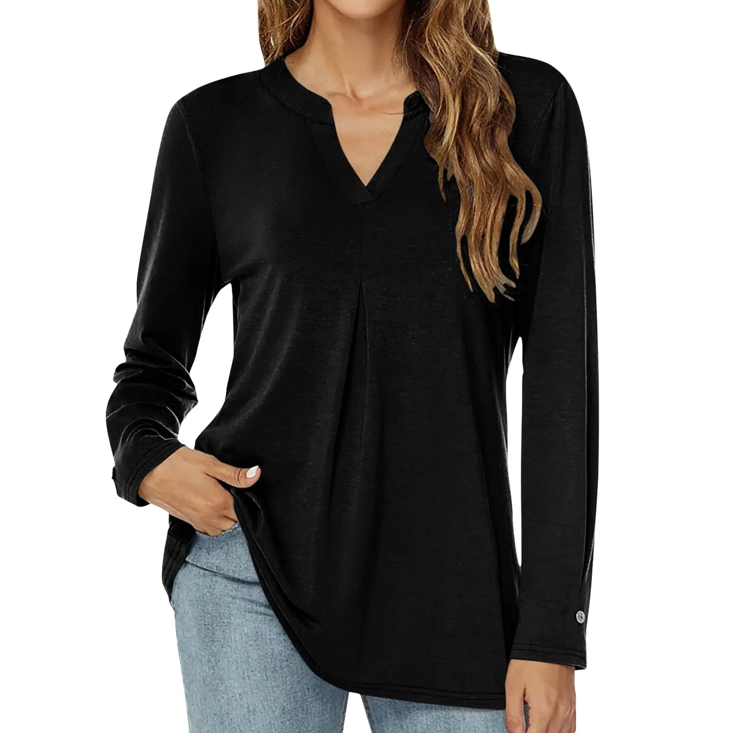 Loose Long Sleeve T-shirt V-Neck Solid Color