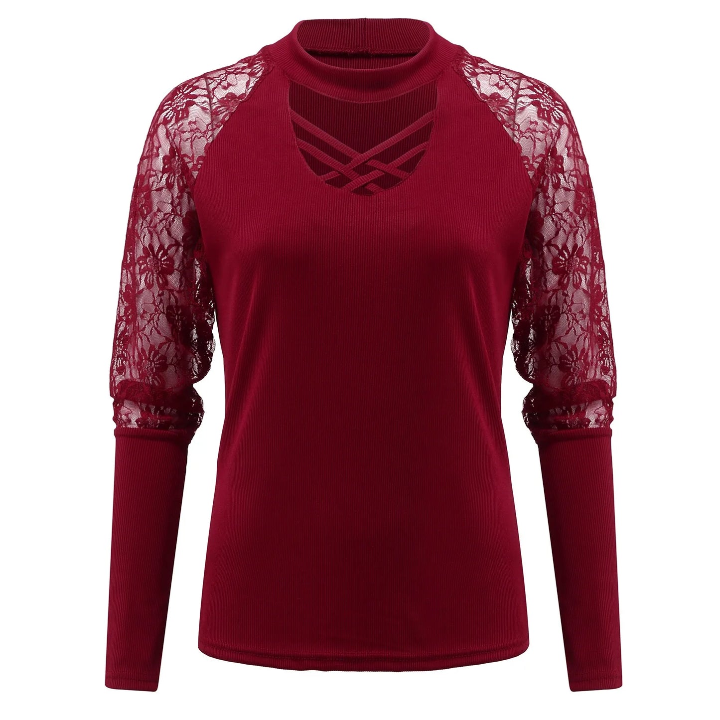 Floral Lace Long Sleeves Cross Bandage Crew Neck Slim Elegant Top