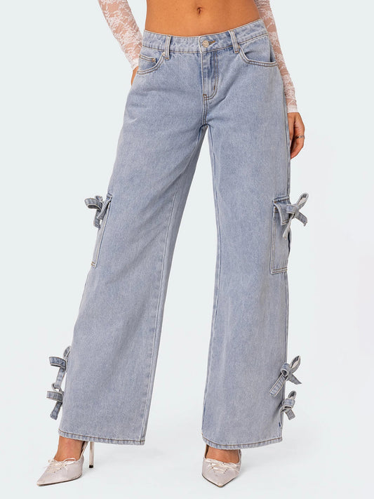 High Waisted Flared Denim Jeans with Belted Bow Detail and Pockets-