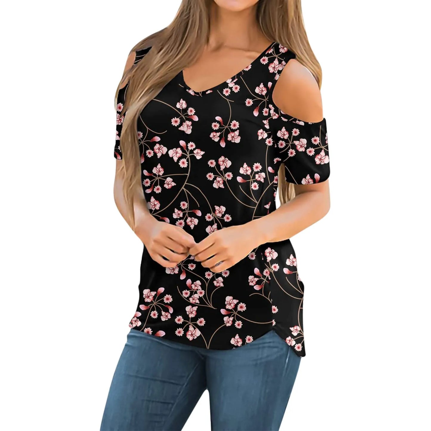 Flower Top Cold Shoulder Summer Short Sleeve