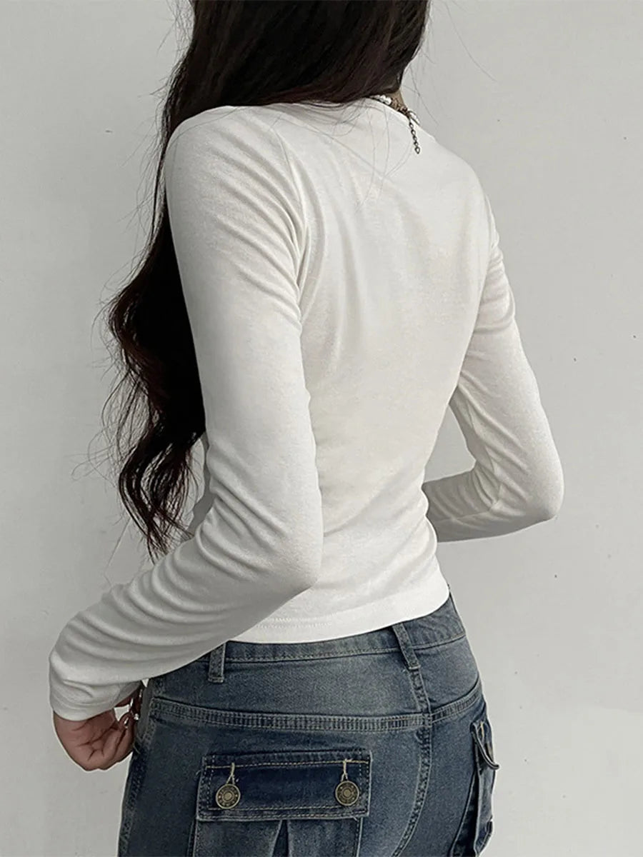 Y2K Top Fall Casual Solid Color Lace Trim Long Sleeve Slim T Shirt