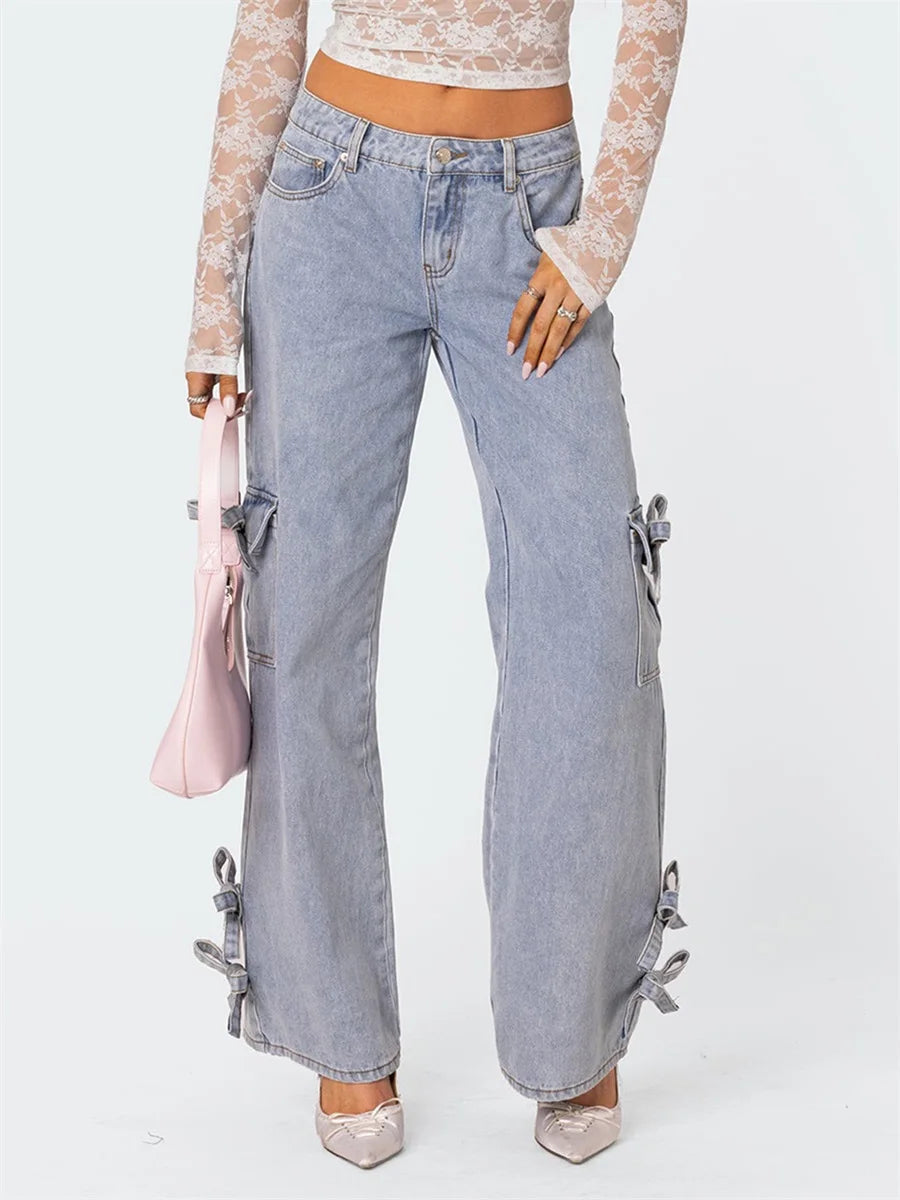 High Waisted Flared Denim Jeans with Belted Bow Detail and Pockets-