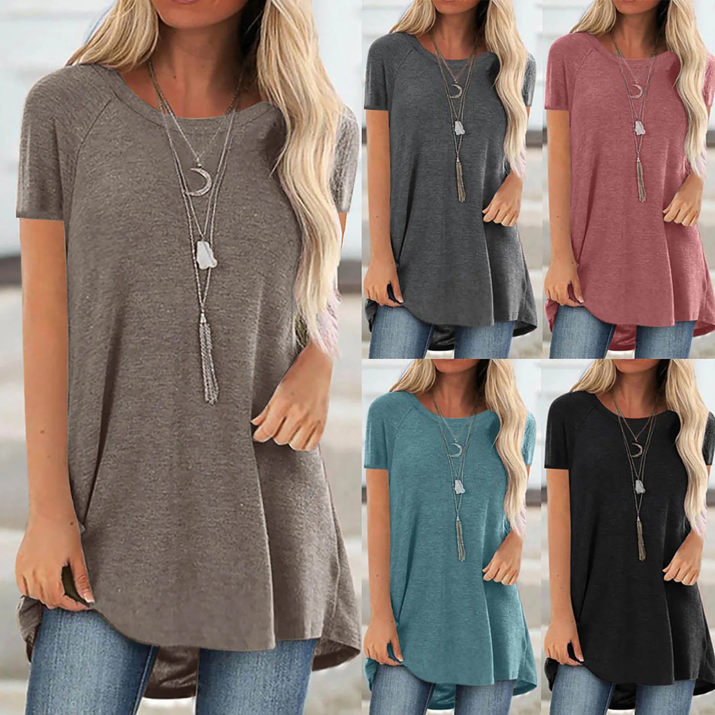 Plus Size 2025 Tunic Long Shirts Round Neck Short Sleeve Casual Blouse