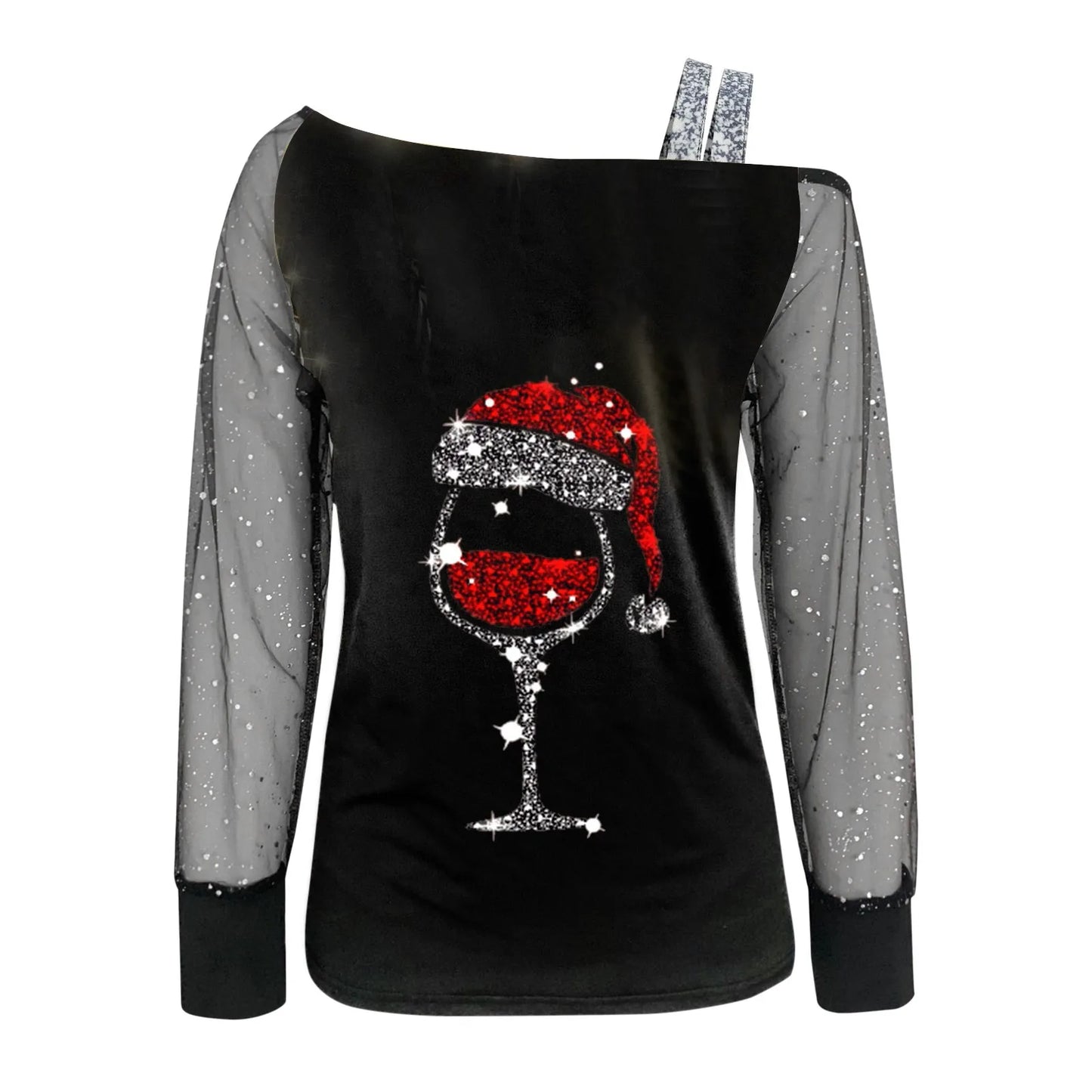 Off Shoulder Christmas Blouse Wine Glass Print Blouse Long Sleeve