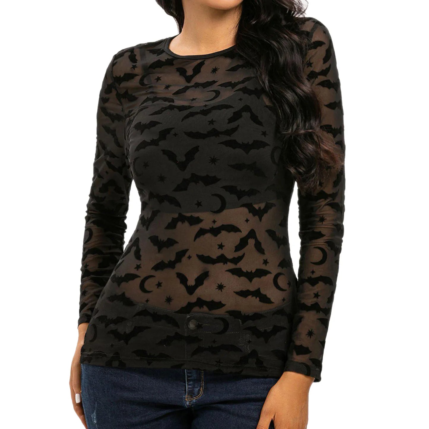 2025 Halloween Bat Mesh Long Sleeve See Through Slim