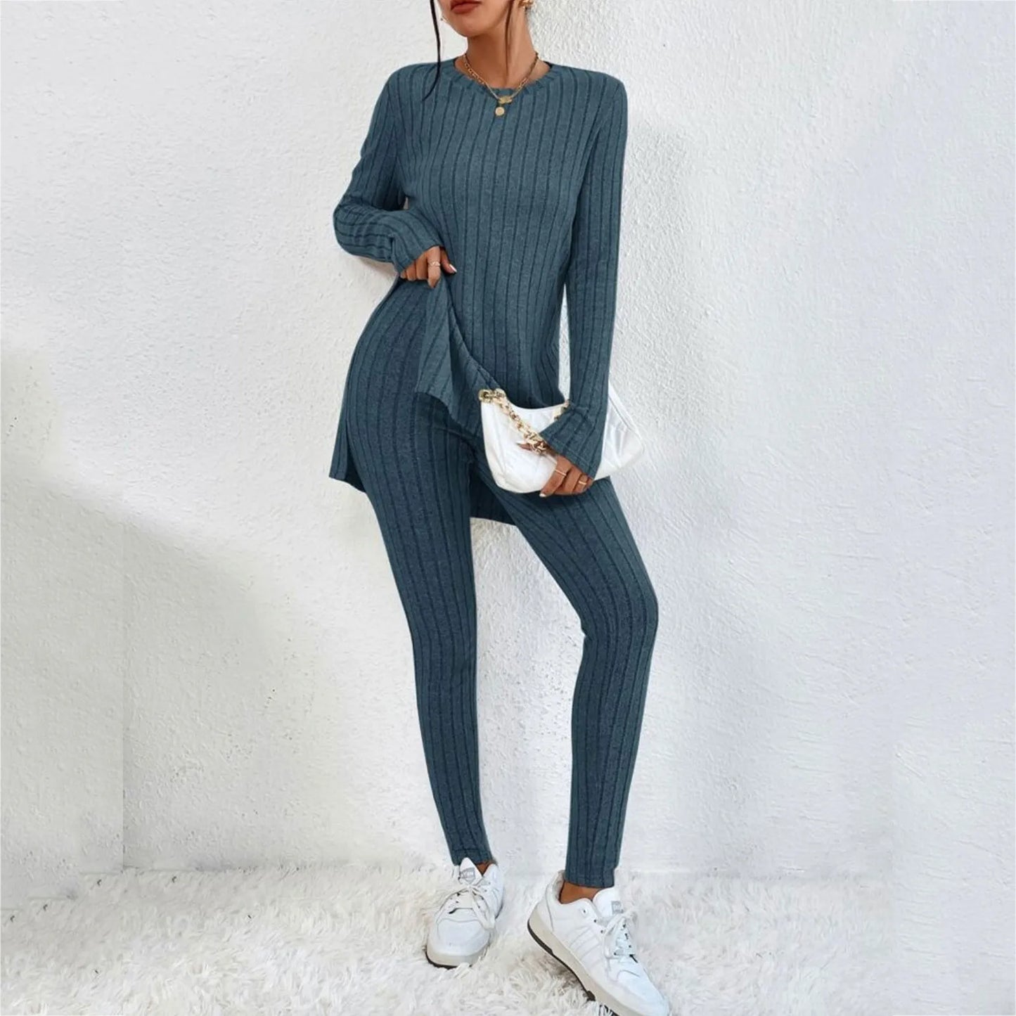 Winter 2 Pieces Set Women Knitted Long Sleeve O Neck Tops