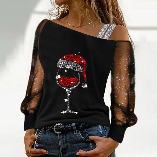 Off Shoulder Christmas Blouse Wine Glass Print Blouse Long Sleeve