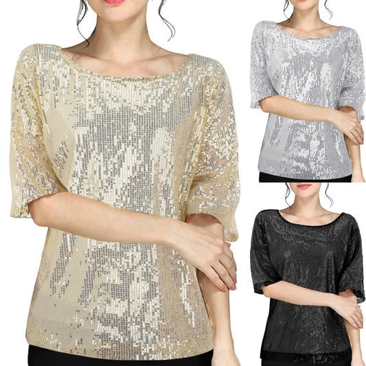 Short Sleeve T Shirt Sequins Sexy O Neck