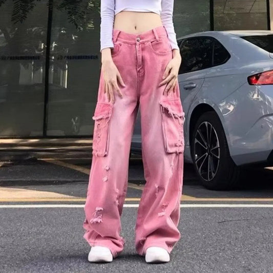 High Waist Pink Jeans Distressed Wide Leg Cargo Denim Pants