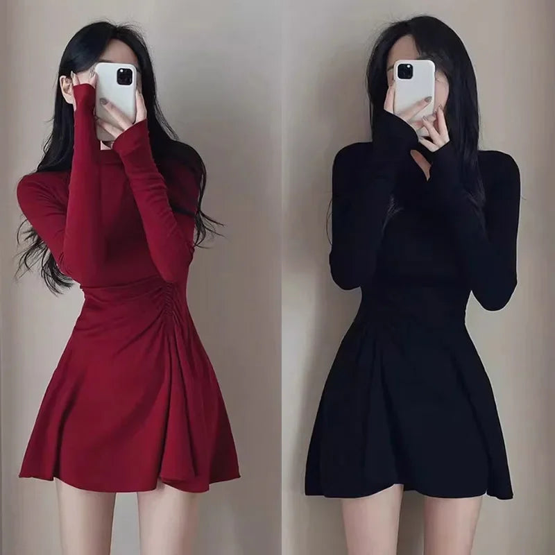 Women Dress Half-Height Neck Simple Solid Color Sweet Long Sleeve Dress