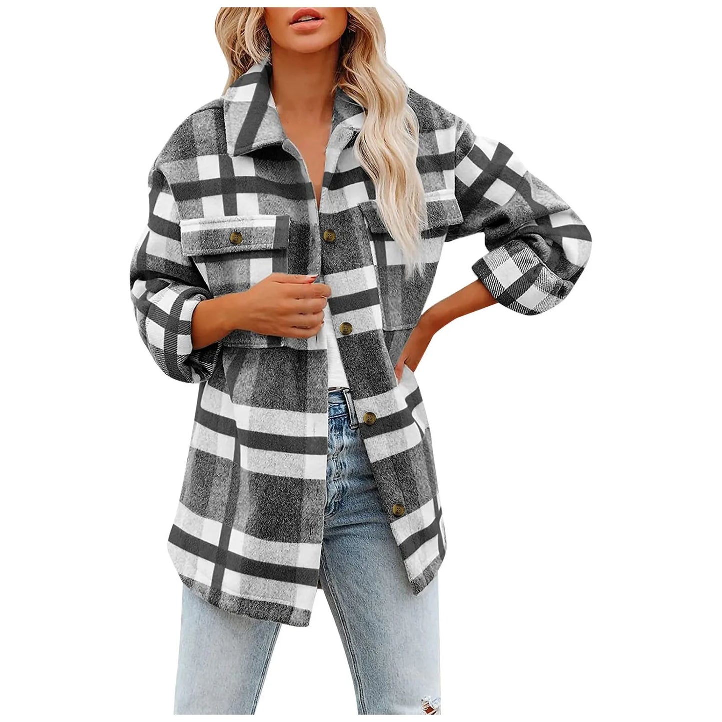 2025 Women Plaid  Jacket  Double Pocket Design Loose Fall Clothes