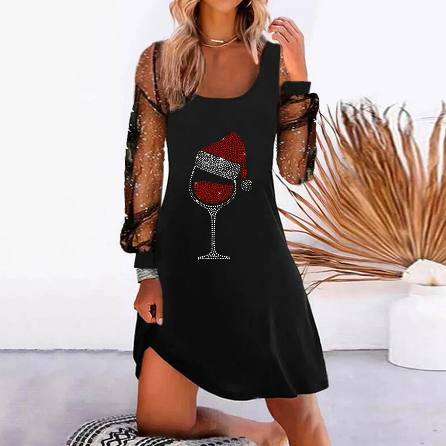 Dress  Red Hat Wine Glass Print Elegance Party Lady Dresses Cocktail