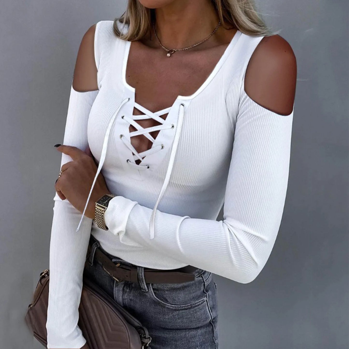 Fashion Knit Blouse Cross Bandage Off Shoulder Long Sleeve Low-cut Top V Neck